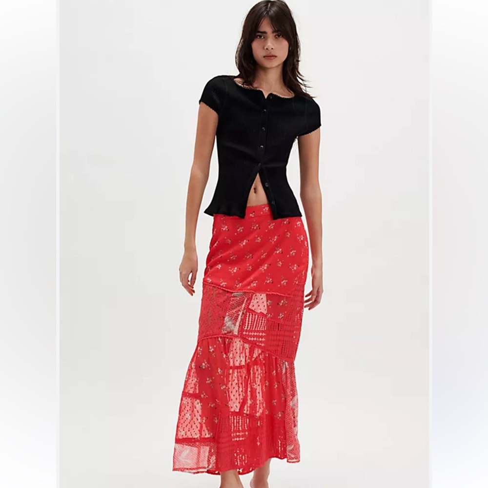 Free People Daniella Lace Patchwork Boho Maxi Skirt in Poppy Red